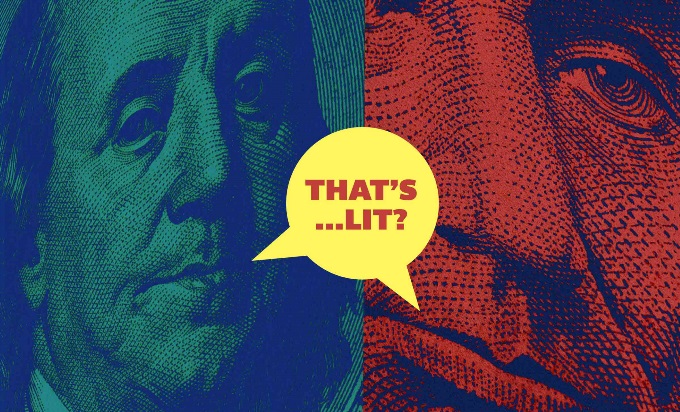 A close up of Benjamin Franklin and Abraham Lincoln with a speech bubble between them that reads, "That's...lit?"