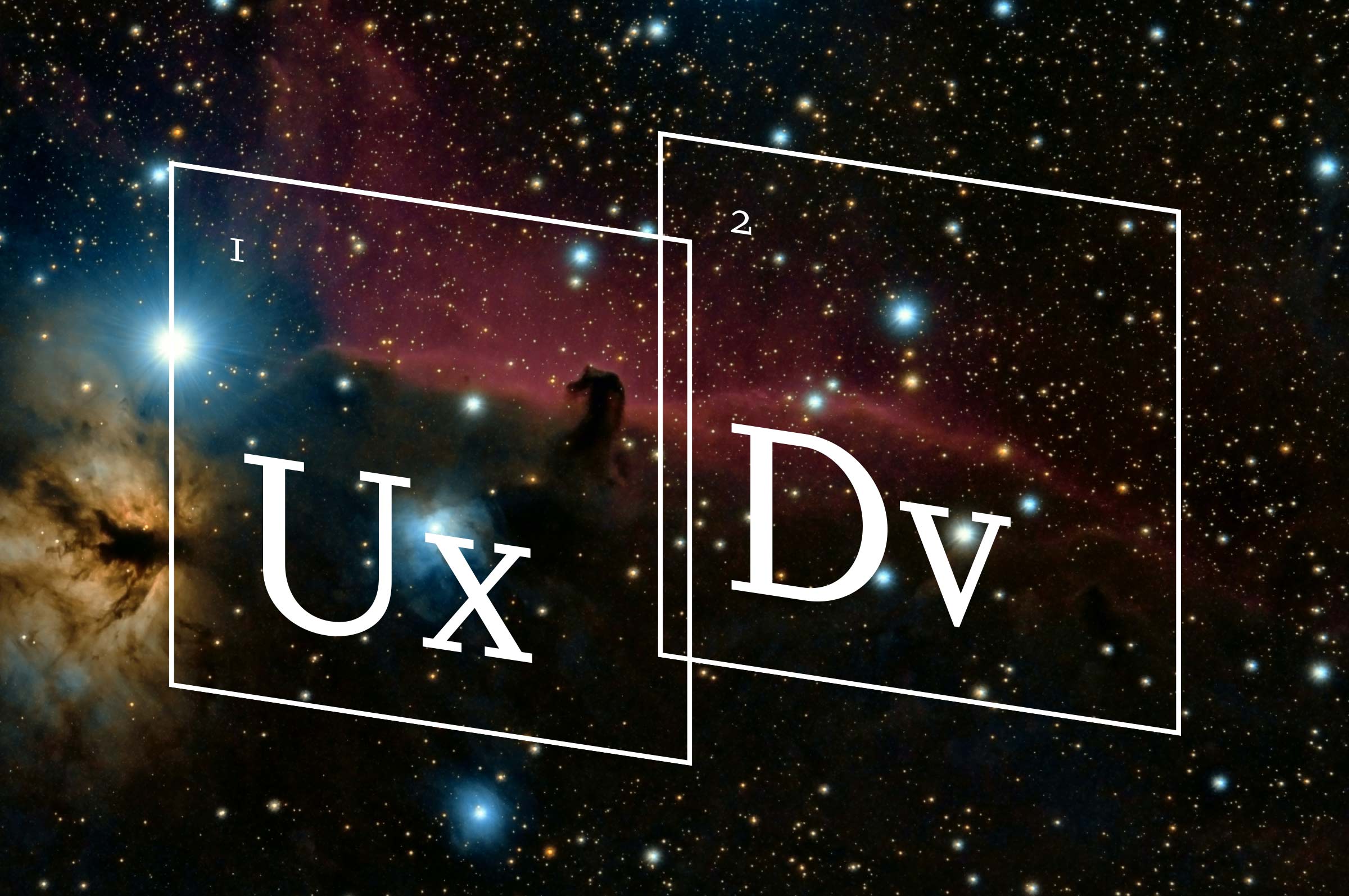A picture of the cosmos with an outline of elements from the periodic table. One says "Ux" and the other says "Dv."