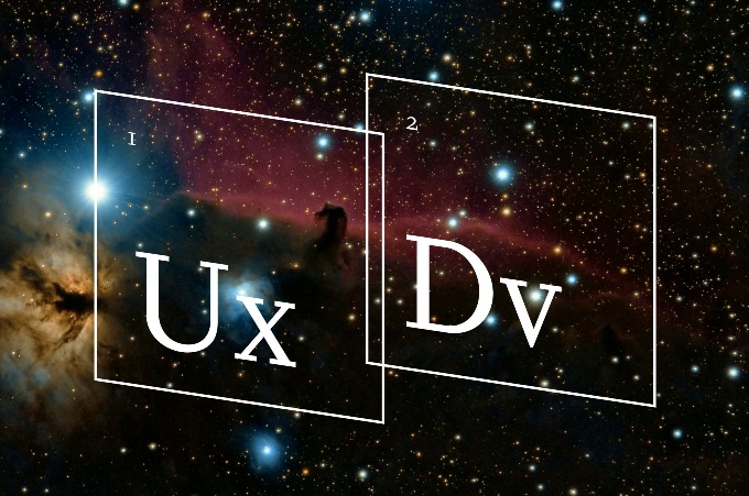 A picture of the cosmos with an outline of elements from the periodic table. One says "Ux" and the other says "Dv."
