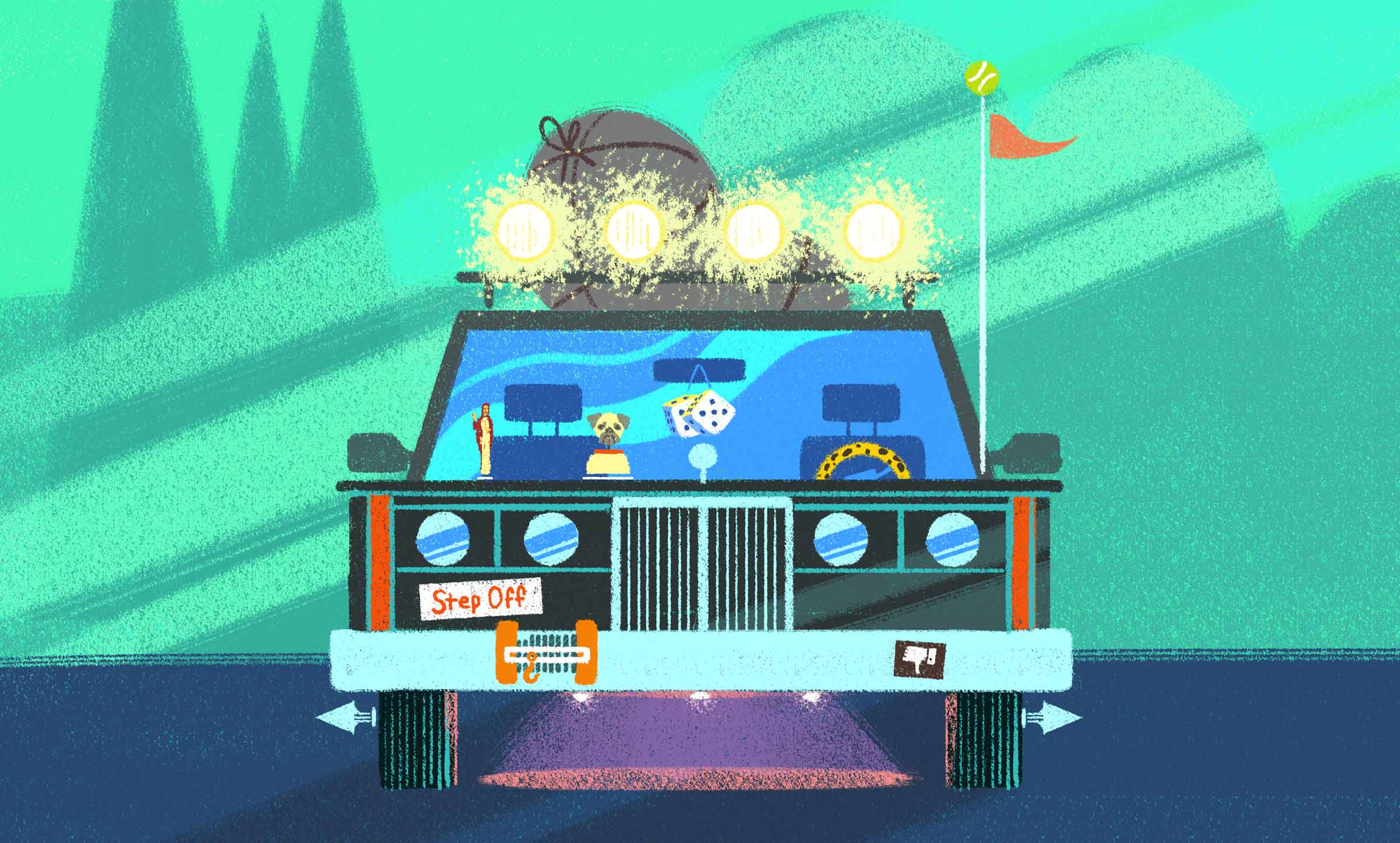 A graphic of a car that is thrown together and contains a lot of different random parts.