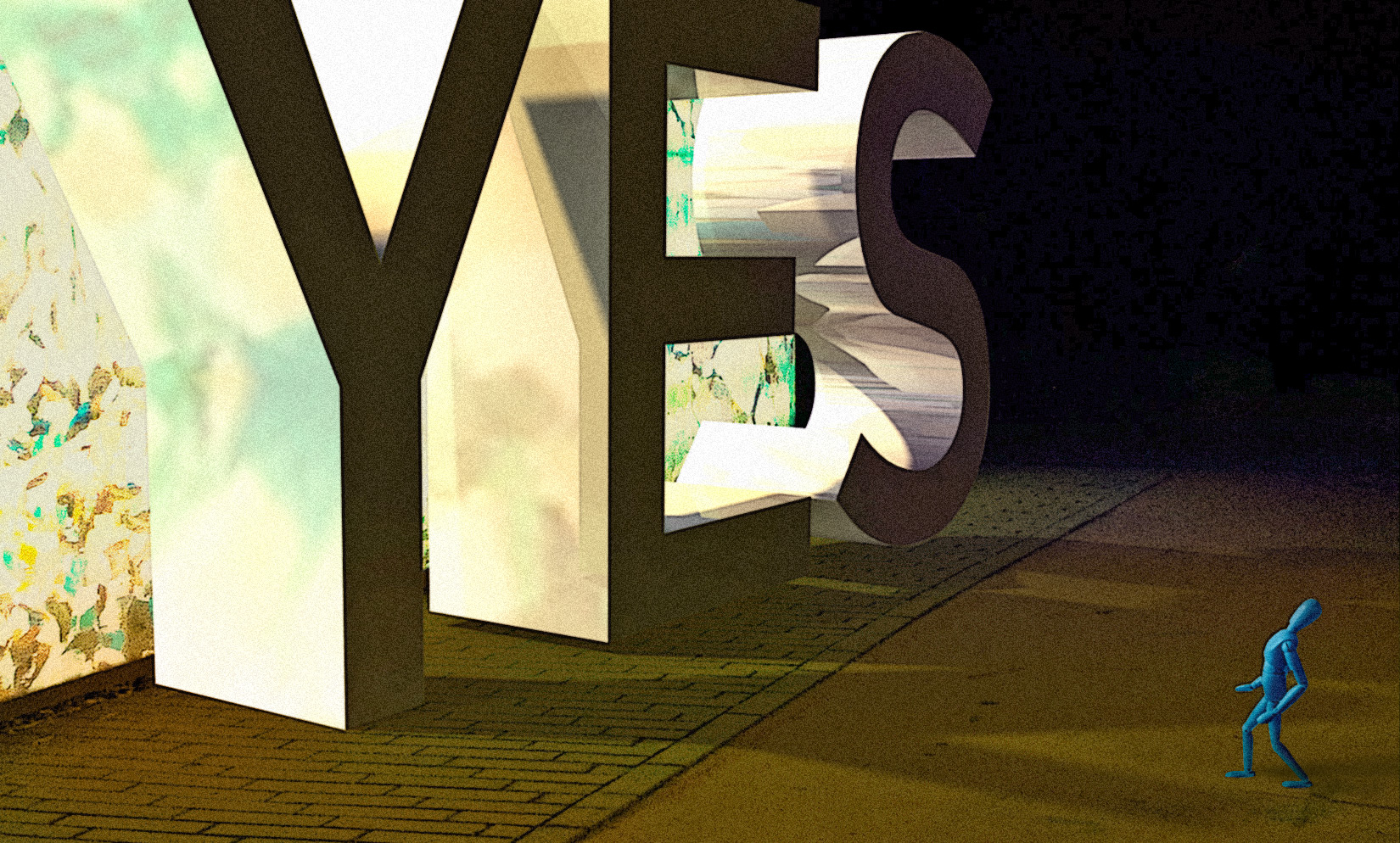 The word "Yes" in bright, giant font, towers over a small blue man who looks up at it.