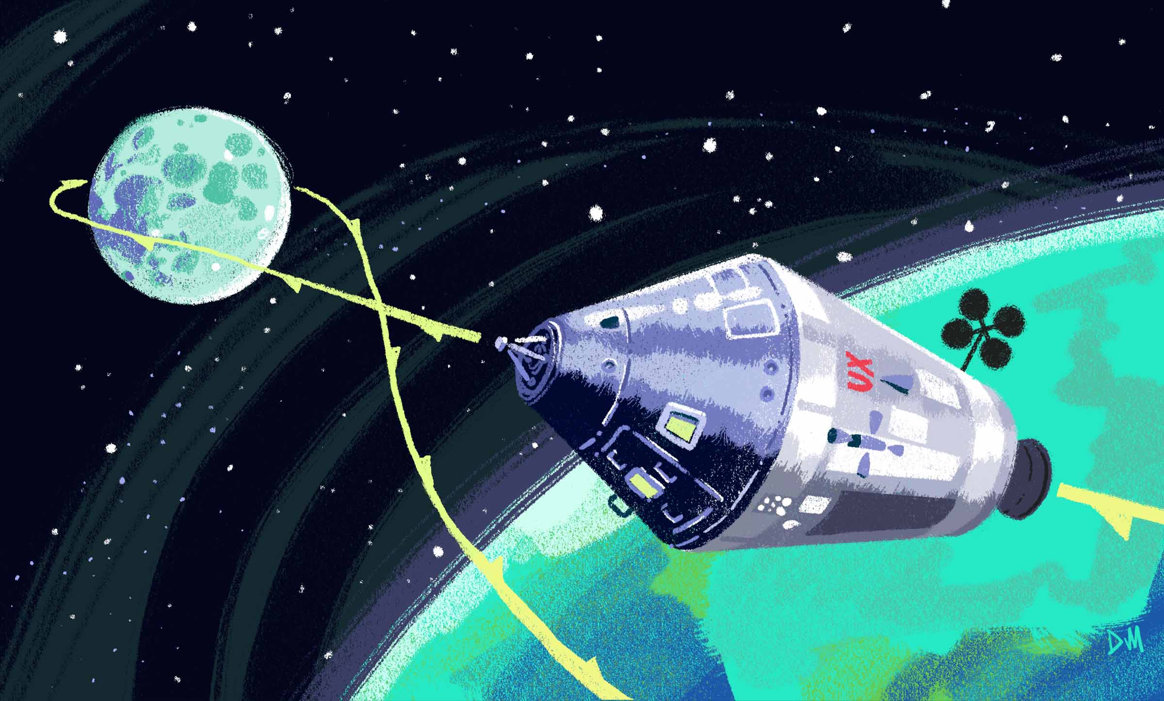Graphic of a spacecraft leaving the atmosphere and orbiting around the moon.