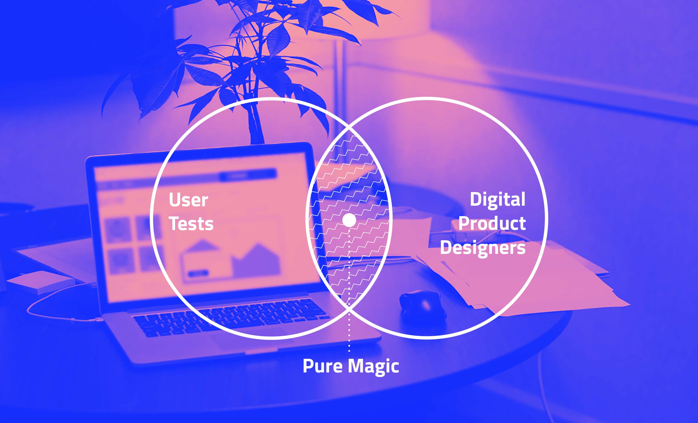 A blurred out computer next to a plant. Overlaid on top is a Venn diagram. One circle reads, "user tests," the other circle, "digital product designers," and the overlapping space says, "pure magic."