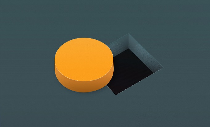 Graphic of a yellow cylinder sitting on the edge of a square hole cut out from a flat, teal surface.