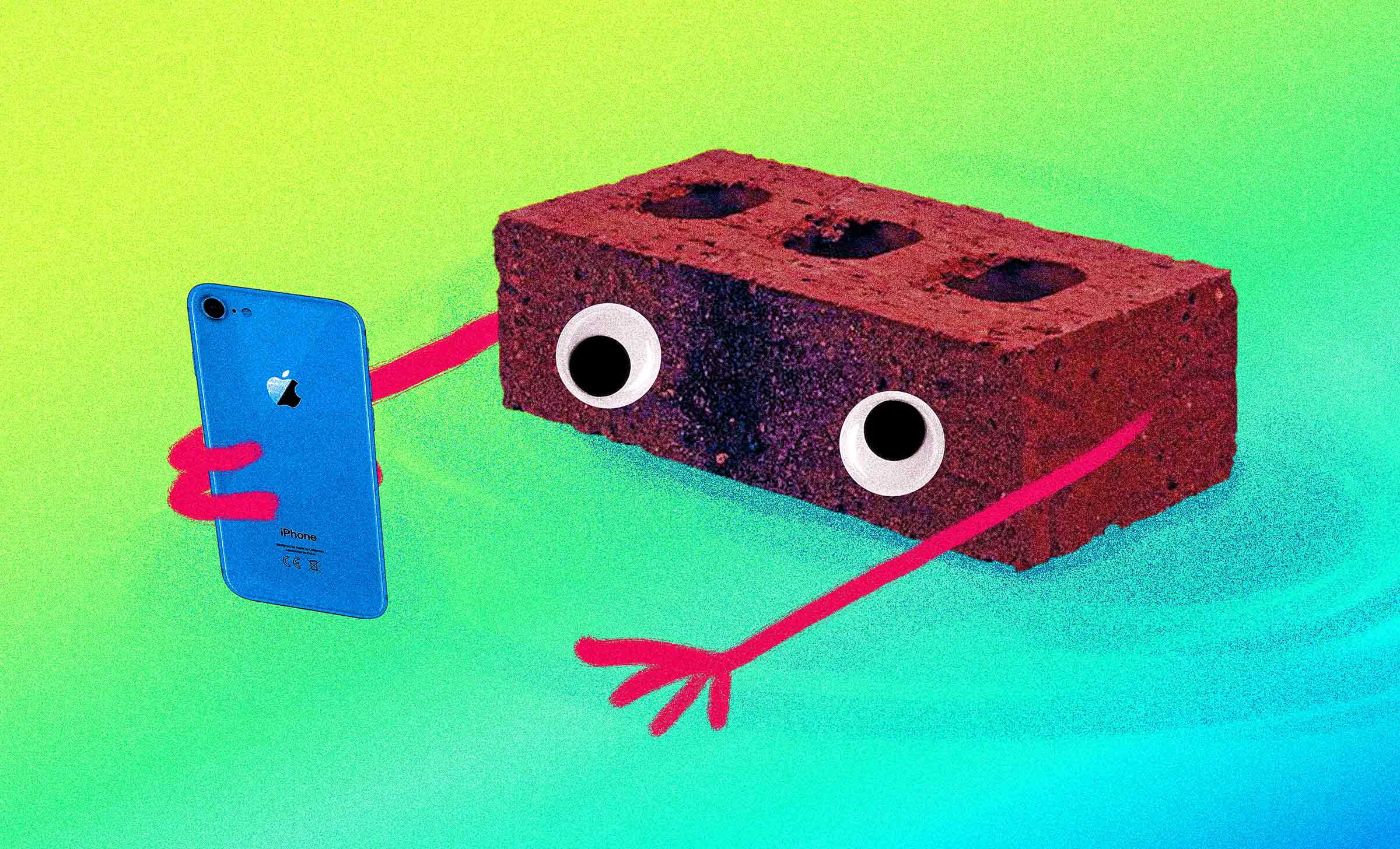 A graphic of a brick with goggly eyes holding a smart phone.