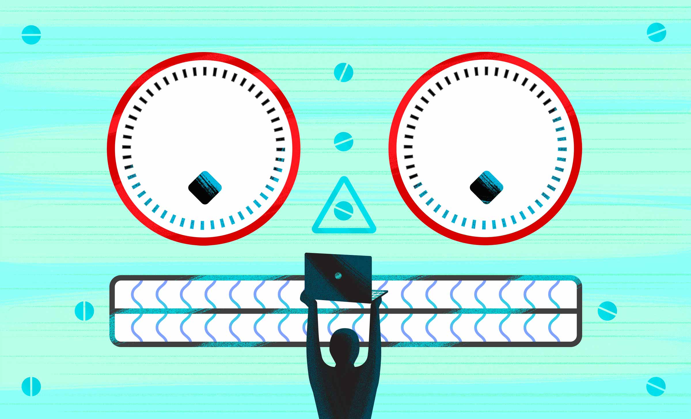 A silhouette of a man holding up a computer to a search engine made of computer parts.