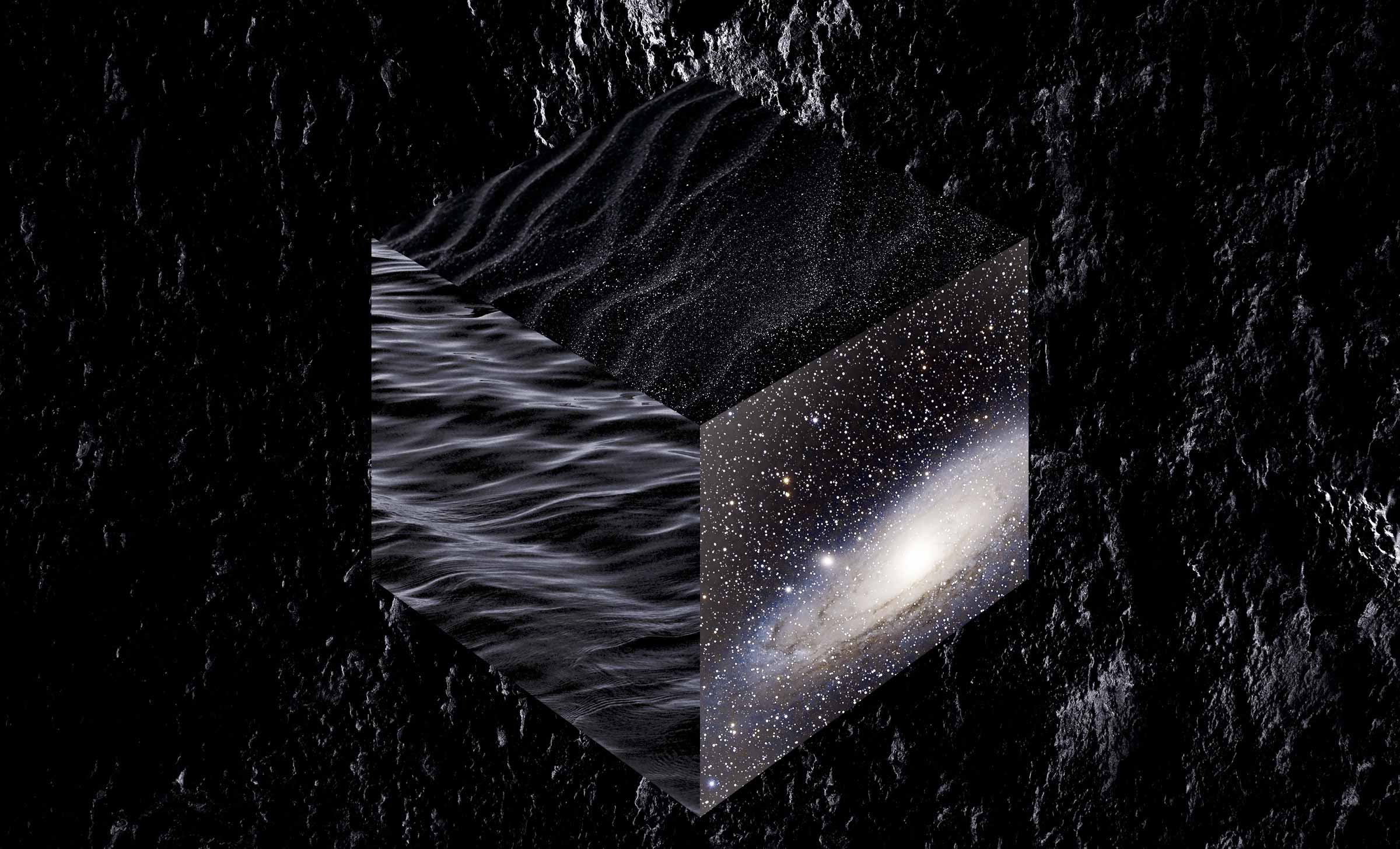 The galaxy and waves of a dark ocean in the form of a cube.