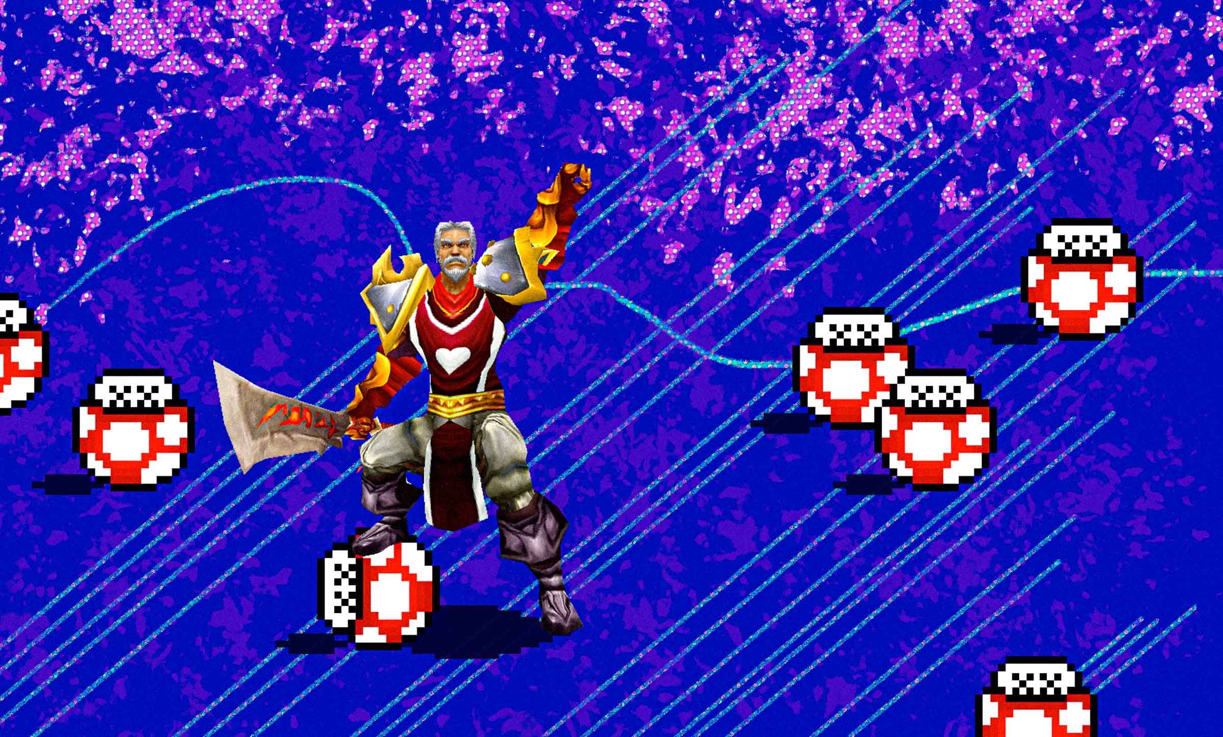A video game character clad in armor holding up a hand in victory while one foot rests on one of many animated mushrooms reminiscent of Mario video games. The outline of a mountain appears over a bright blue background.