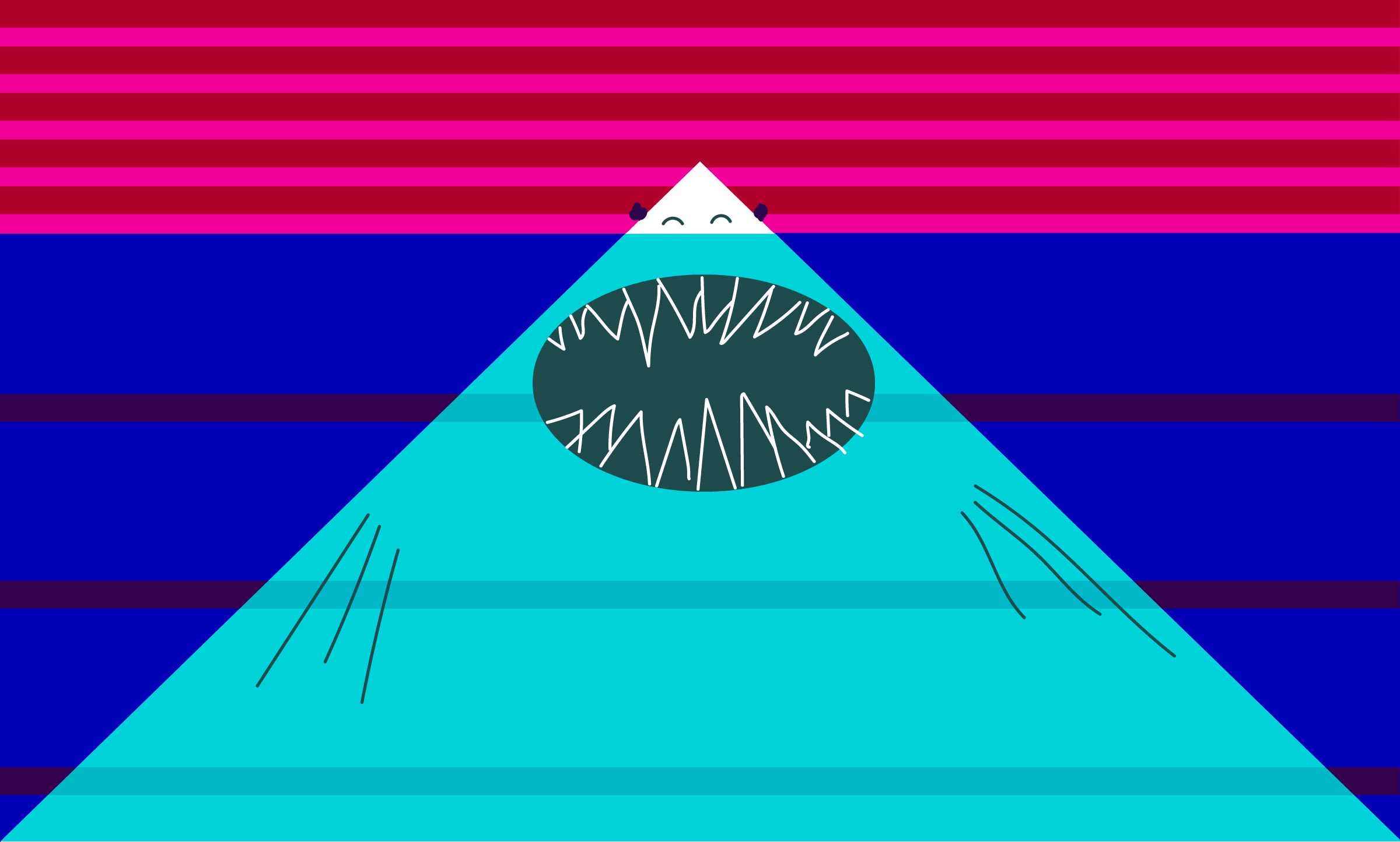 A graphic of a big, blue mountain. Its giant mouth is open, revealing pointy teeth and closed, happy eyes.