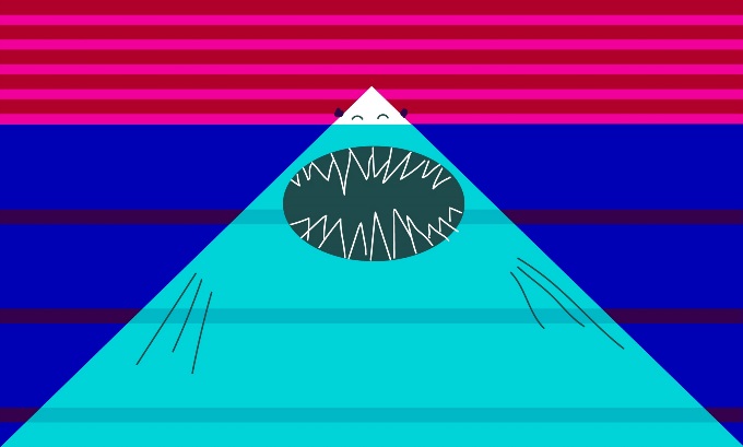 A graphic of a big, blue mountain. Its giant mouth is open, revealing pointy teeth and closed, happy eyes.