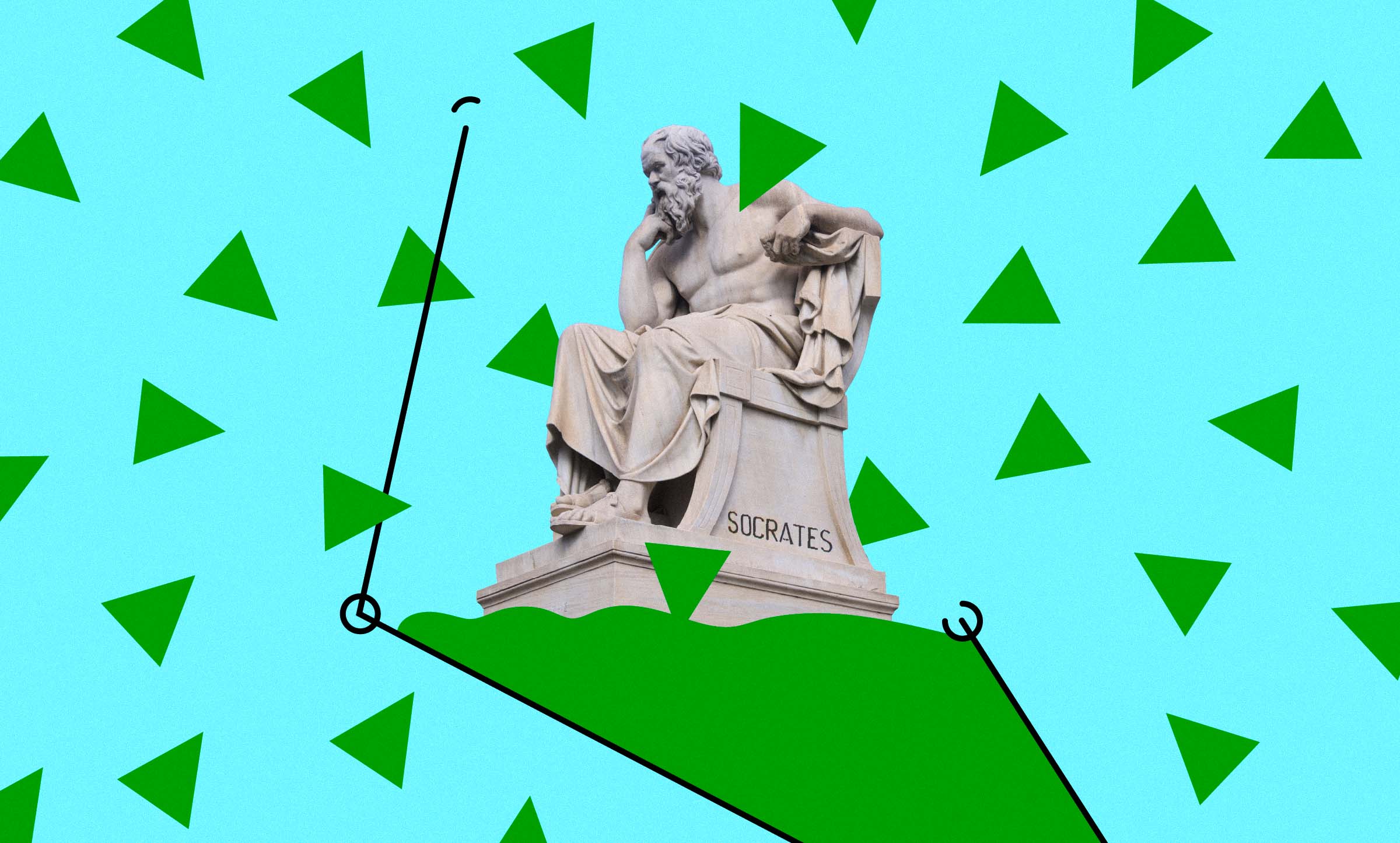 A statue of Socrates deep in thought on top of one side of a large green triangle, surrounded by smaller green triangles on a blue background. The statue is bracketed by the black line of an obtuse angle, forming an incomplete outline of the triangle.