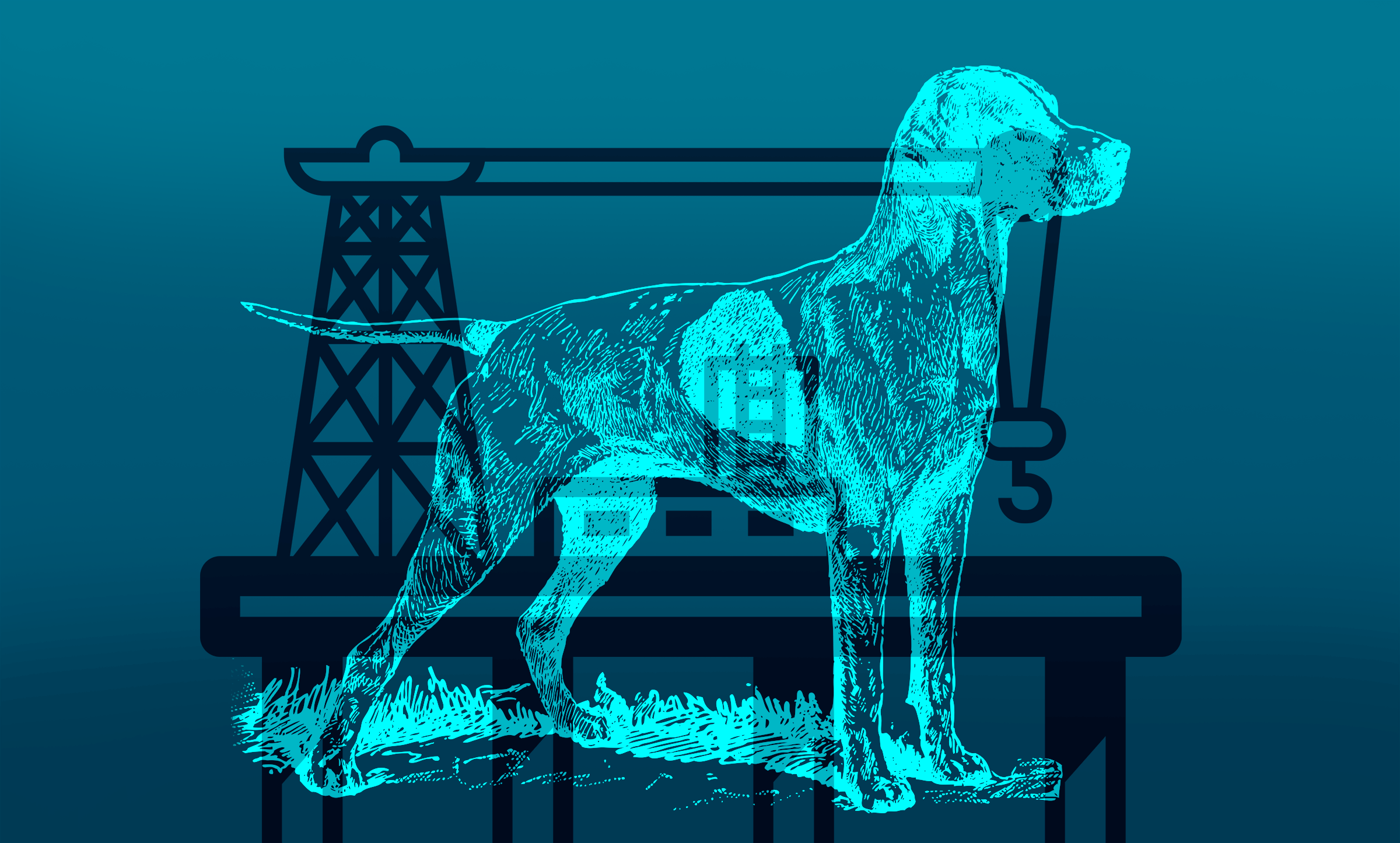 A graphic with a deep blue backdrop with a black oil rig in the background and a light blue figure of a dog in the foreground.