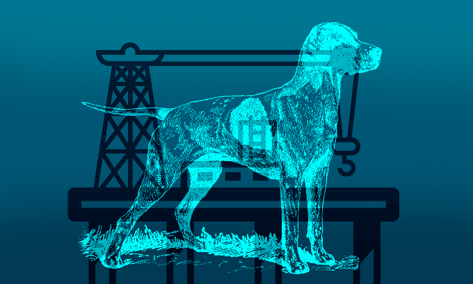A graphic with a deep blue backdrop with a black oil rig in the background and a light blue figure of a dog in the foreground.