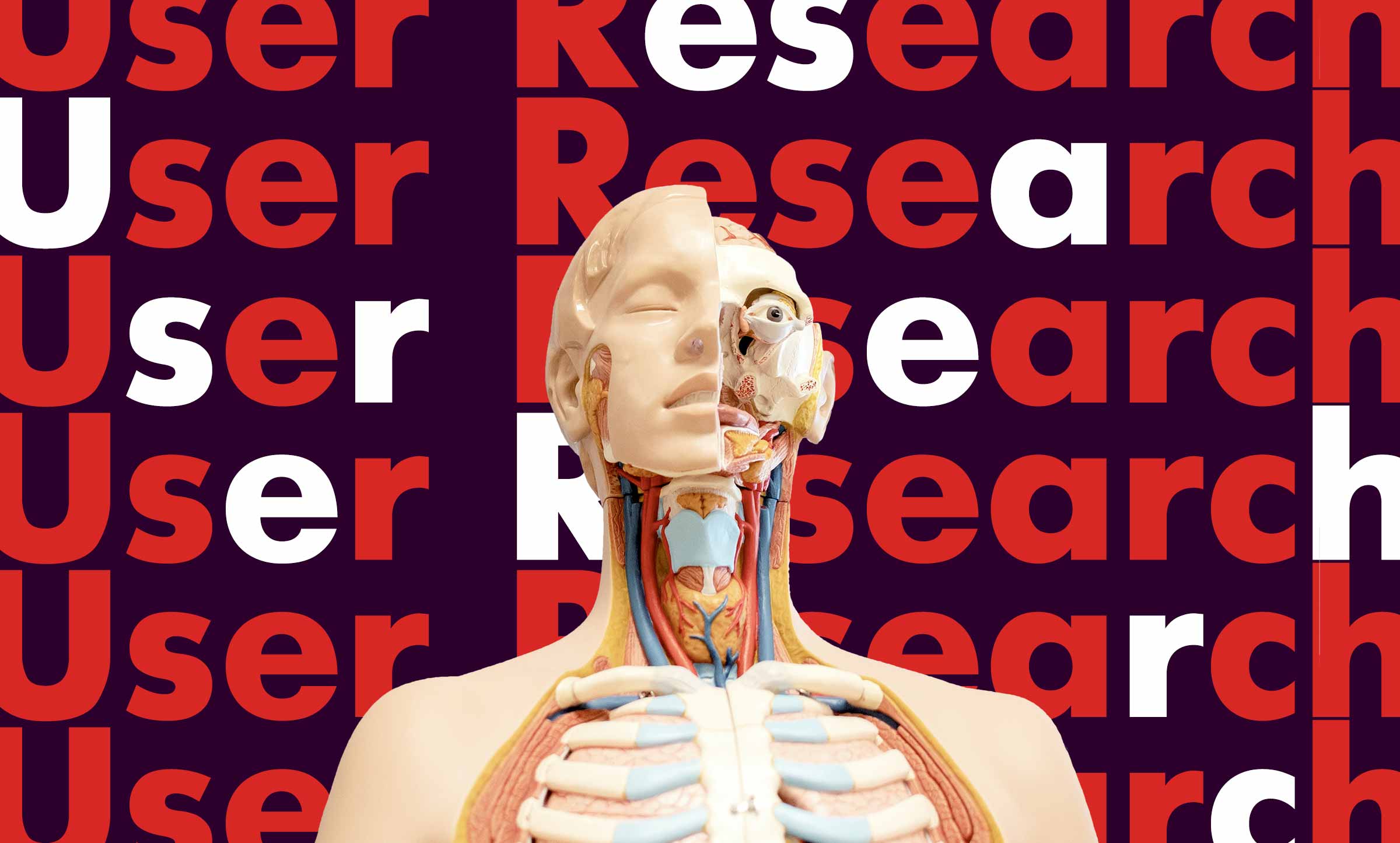 A half skeleton half dummy head and torso with the words user research repeating in red in the background.