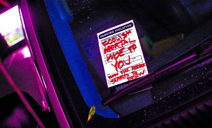 A parking ticket on the windshield of a car with red ominous writing that says, "Foolish mortal, woe to you. Now the riddle starts to brew."