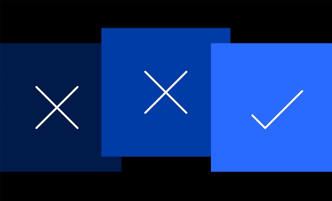 Three blue boxes from left to right. Each is a different shade of blue from darkest to lightest. The darkest have X's in the box and the lightest has a checkmark.
