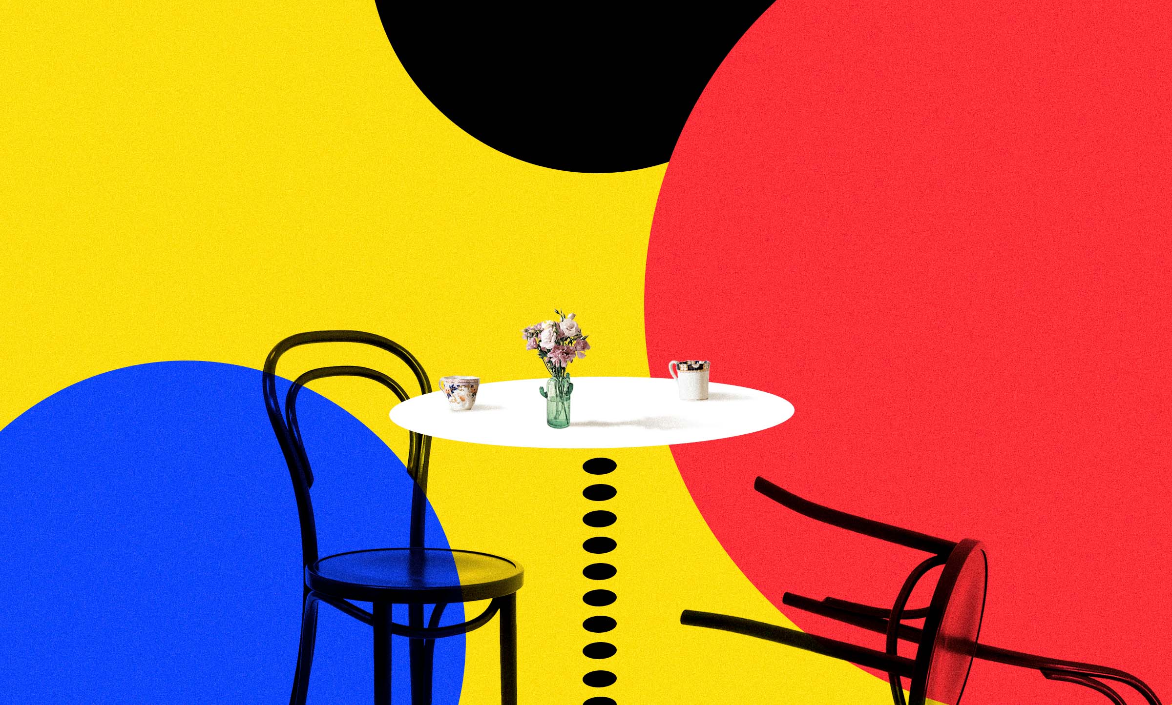 Graphic of two chairs at a small table, one chair toppled over to the ground, over a background made of red, blue, and black circles over a contrasting yellow. There are two tea cups and a small vase of flowers on the table.