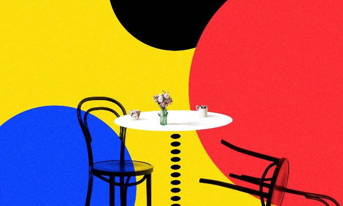 Graphic of two chairs at a small table, one chair toppled over to the ground, over a background made of red, blue, and black circles over a contrasting yellow. There are two tea cups and a small vase of flowers on the table.
