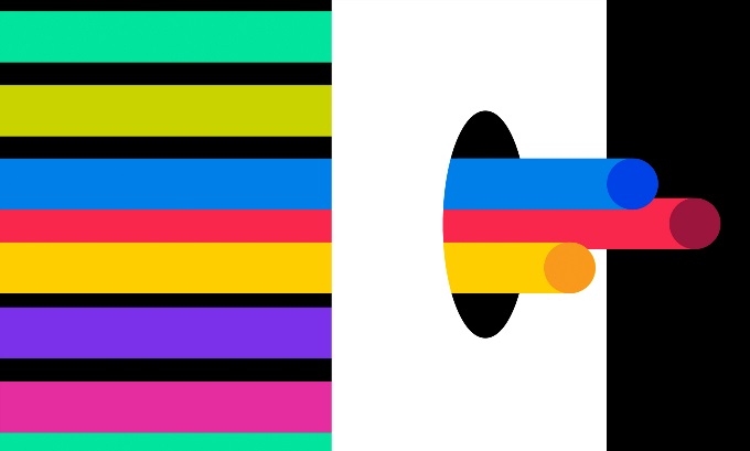 Eight solid-color cylinders extending toward a white plane with a hole in the middle. The plane blocks all the cylinders except the three with primary colors: blue, red, and yellow, which each extend slightly through the hole.