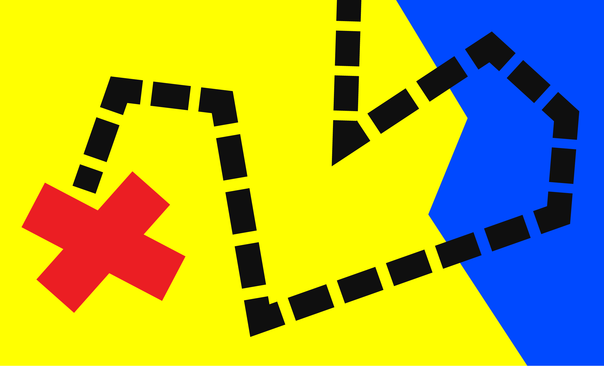 Treasure map style abstract map with a red x and dotted line leading to it on a blue and yellow background.