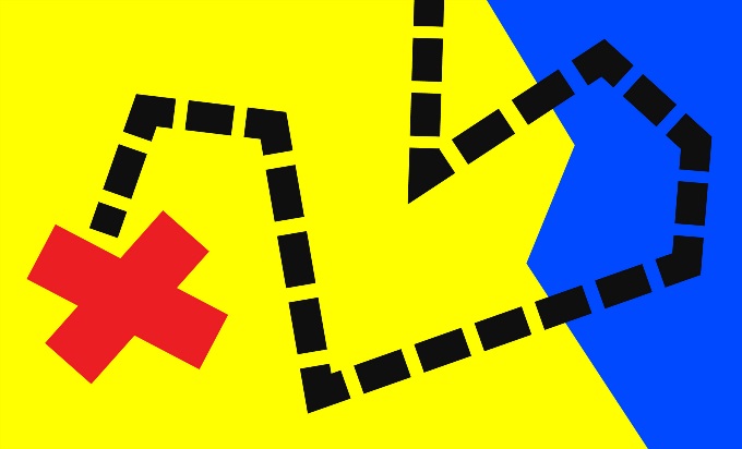 Treasure map style abstract map with a red x and dotted line leading to it on a blue and yellow background.