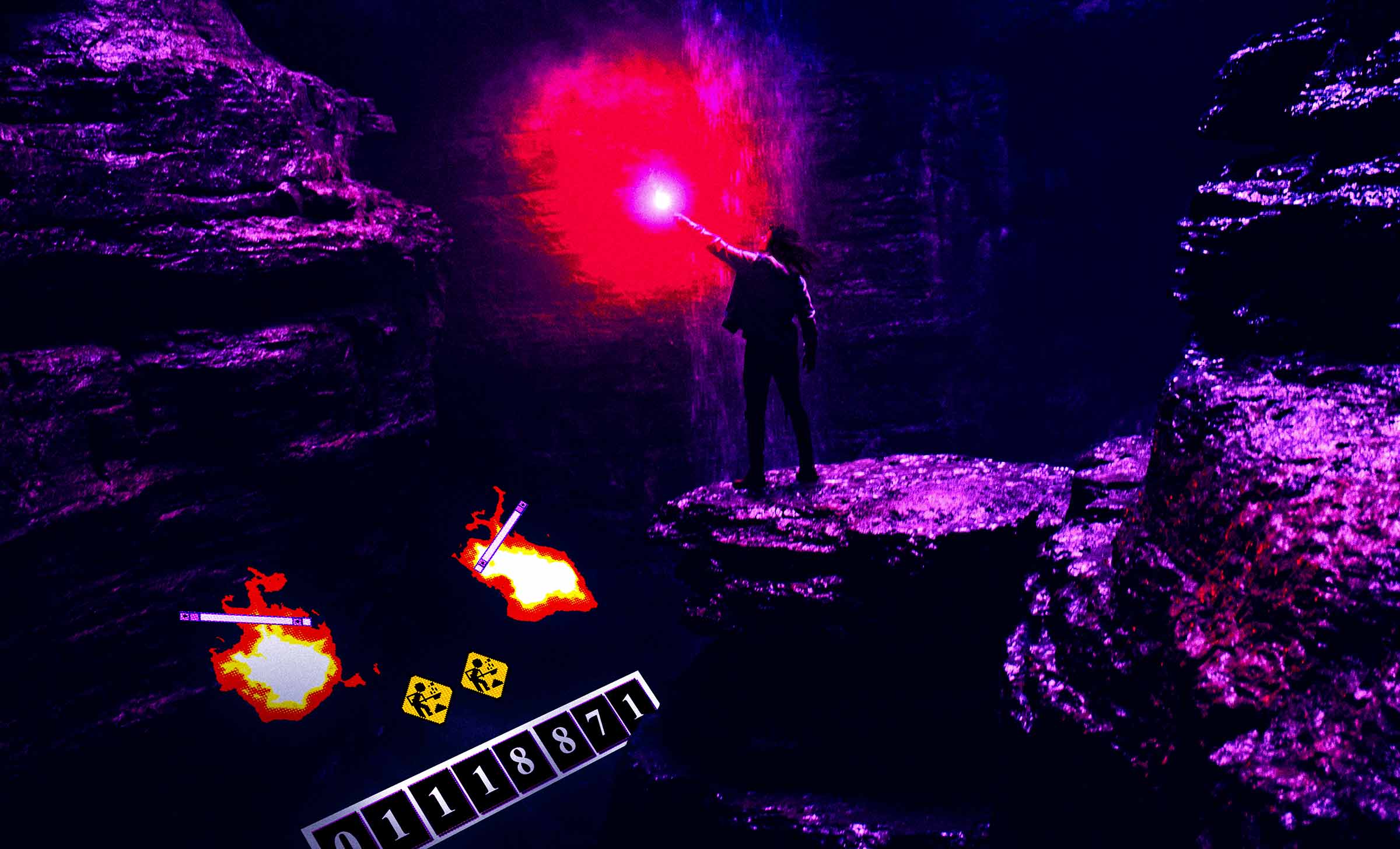 A woman in a cave, defeating an angry computer with a ball of red light.