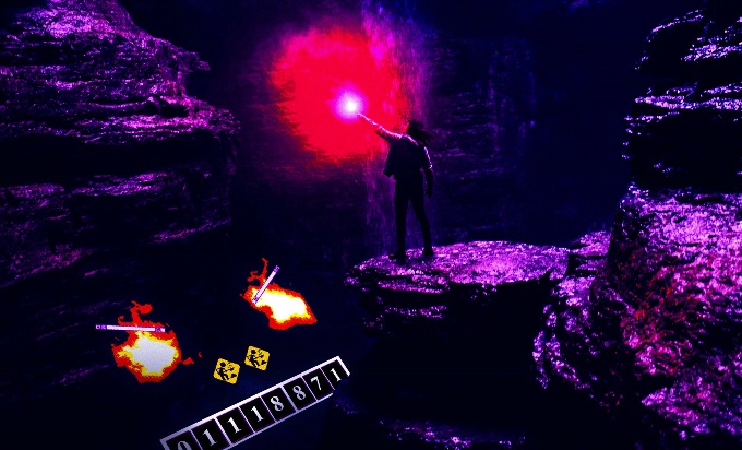 A woman in a cave, defeating an angry computer with a ball of red light.