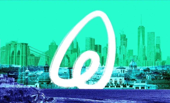 The Airbnb logo on top of a skyline of a busy city.