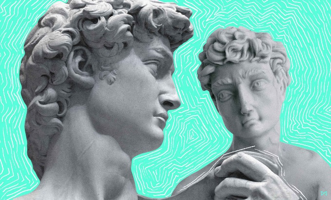 A light blue background with a close up of two concrete statues staring at each other.