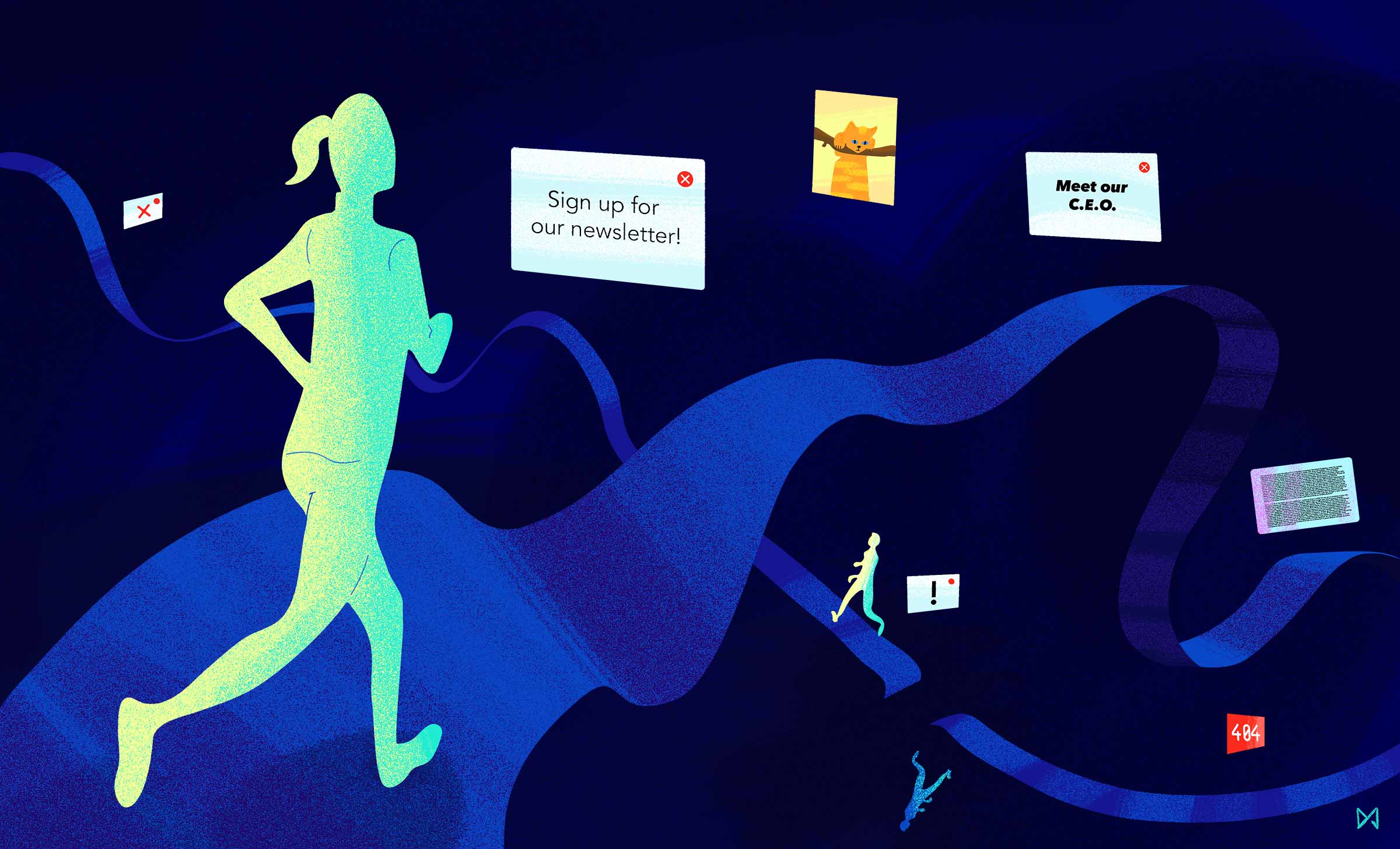 A girl running on a topsy-turvey treadmill with signs being broadcasted at her.