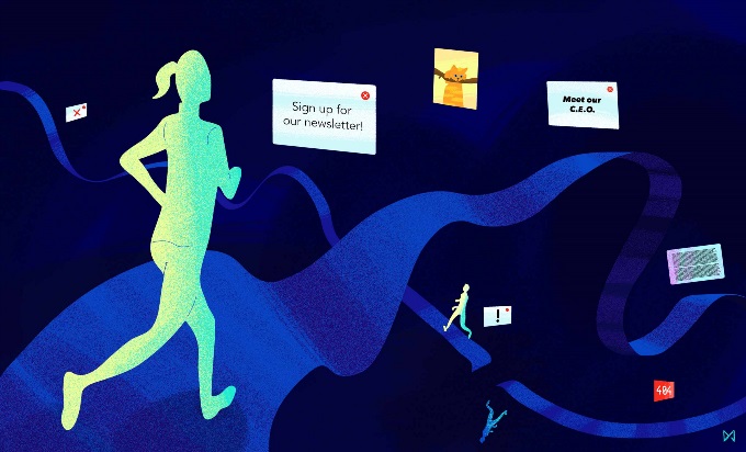 A girl running on a topsy-turvey treadmill with signs being broadcasted at her.
