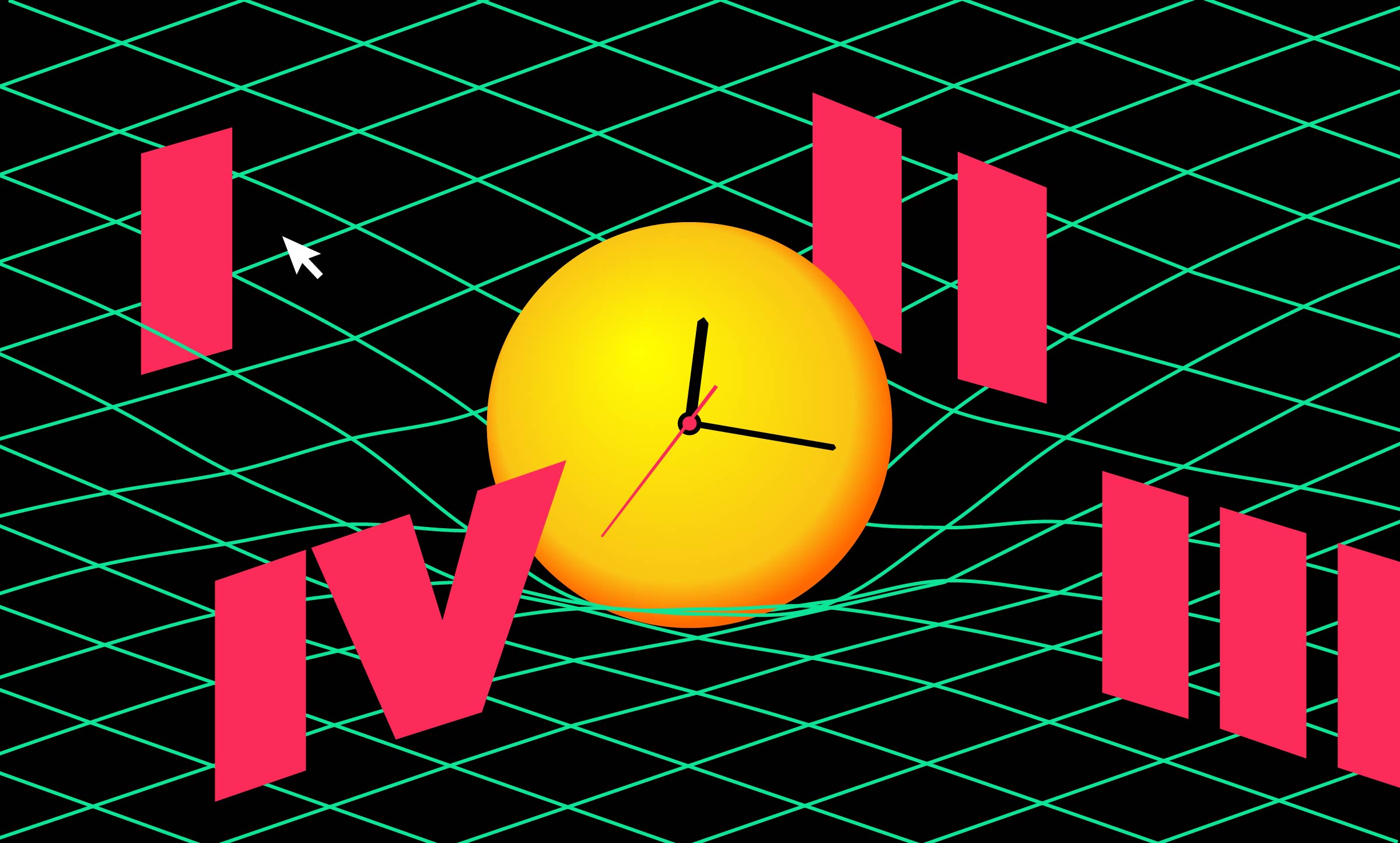 Graphic of a clock resting on grid lines to hint at the theory of relativity. Roman numerals one through four float around the clock.