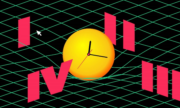 Graphic of a clock resting on grid lines to hint at the theory of relativity. Roman numerals one through four float around the clock.