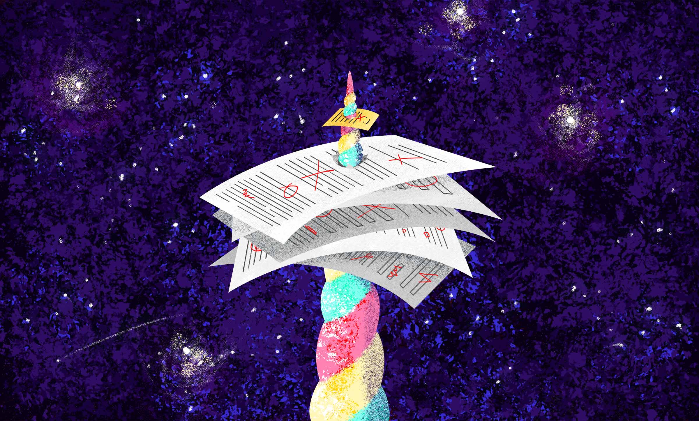 A multicolored unicorn horn stabbing upward to pierce through multiple sheets of paper in front of a starry, purple background.