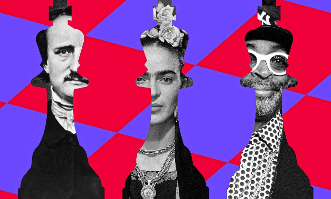 Graphic of a chess board with three chess pieces. Each piece is a famous artist, such as, Edgar Allen Poe the poet, Frida Kahlo the painter, and Spike Lee the movie director.