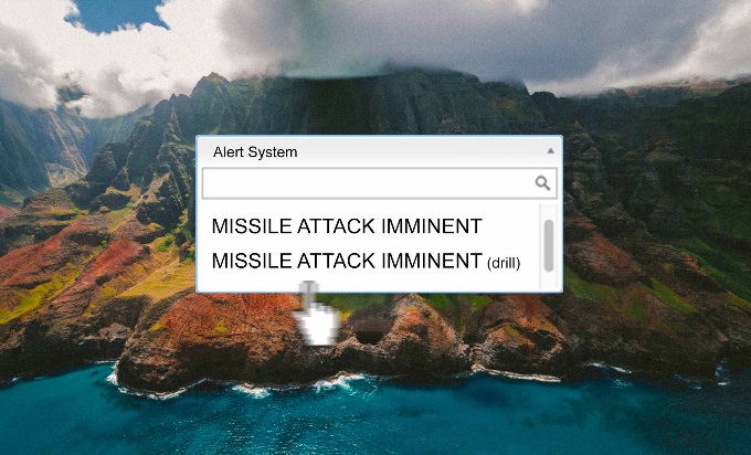 A computer screen with an alert on the screen that has two notifications. The uppermost notification reads, "Missile attack imminent." The notification below that one reads, "Missile attack imminent (drill)," with the word drill in smaller font.