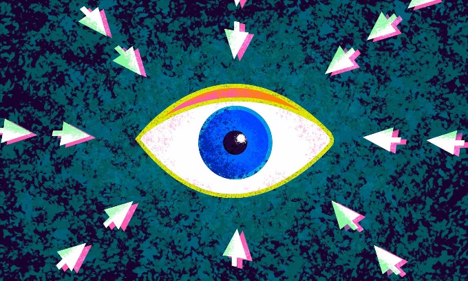 Graphic of a blue eye with click arrows pointing towards it on all sides over a textured, teal background.