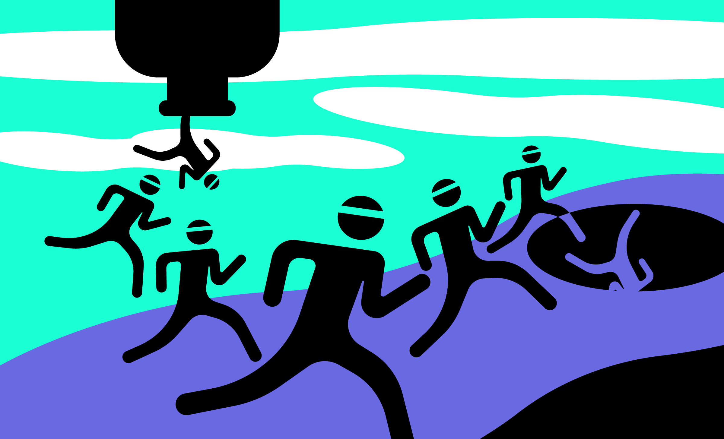 Cartoon of people falling out of a pipe, running across a purple ground, and then falling into a black hole.