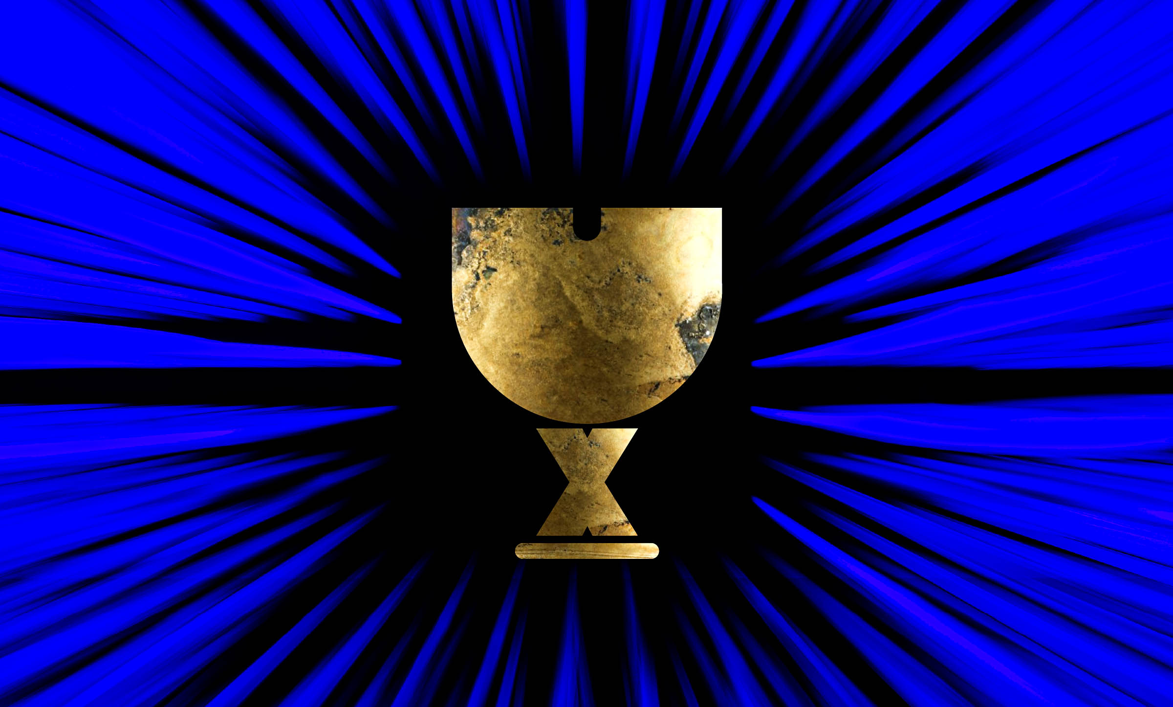 The letters U and X in gold, stacked to imply the shape of a Holy Grail, with a blue abstract background.