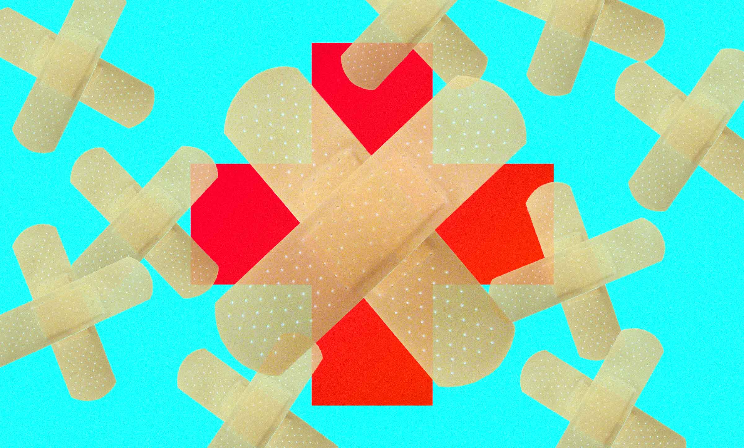 The healthcare red plus icon covered in band-aids on a bright blue background.
