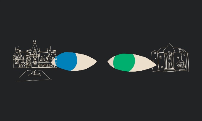 Two simply drawn mansions, one the Biltmore Estate, another, a common McMansion. A set of eyes look toward the Biltmore.