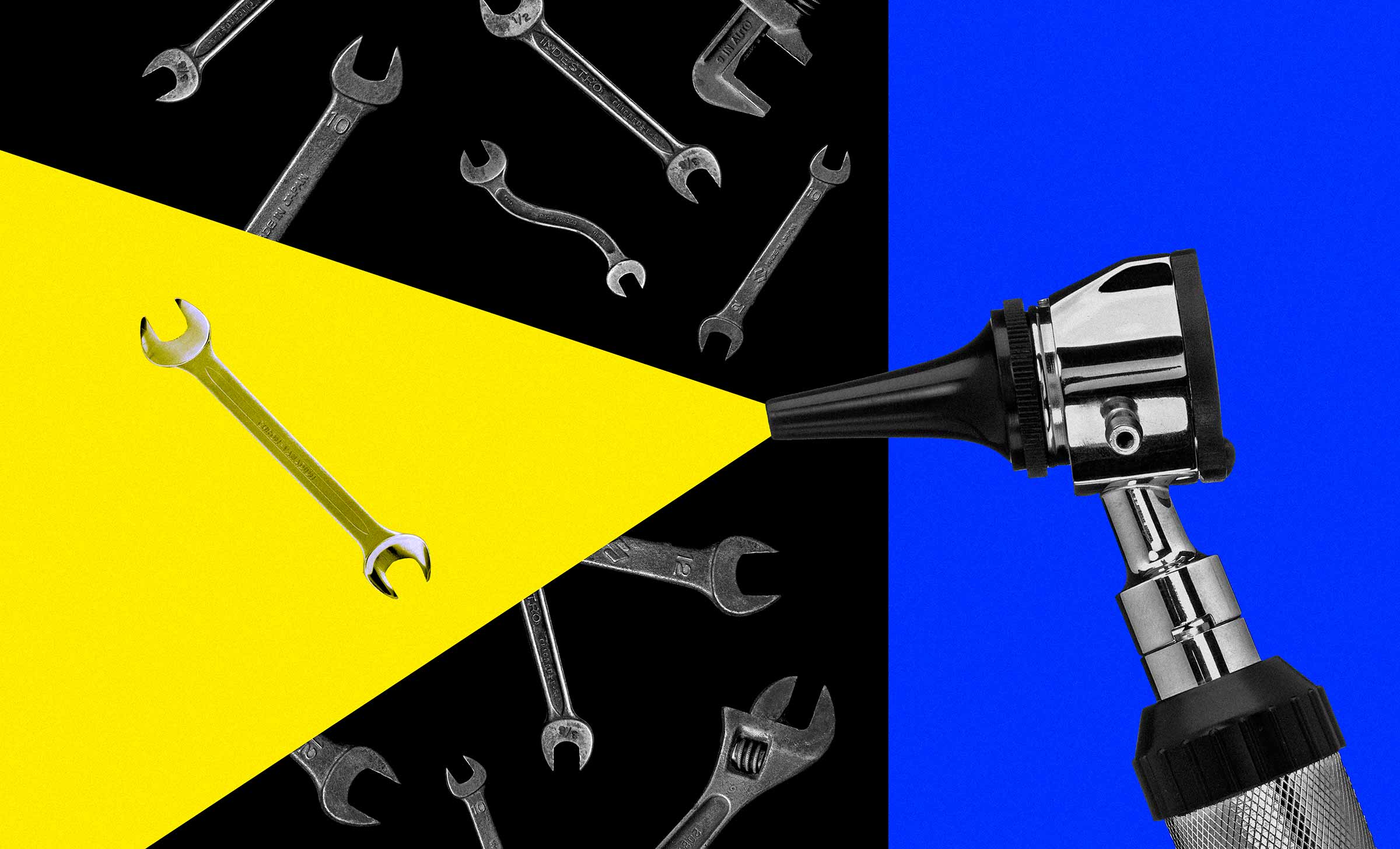 An otoscope with a blue background. A yellow ray emits from it, illuminating a wrench.