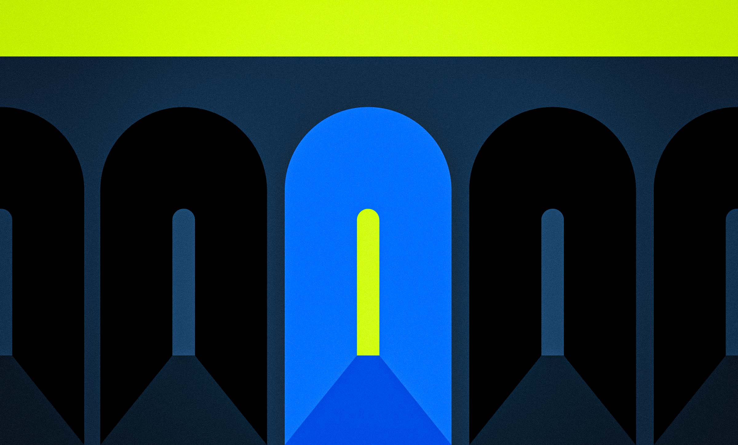 A row of dark tunnels. The tunnel in the middle is blue and at the end is a bright green light.