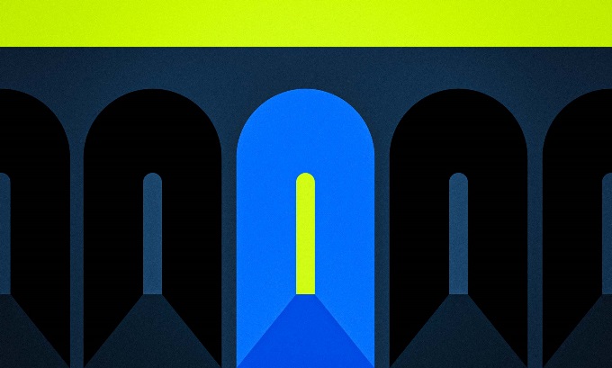 A row of dark tunnels. The tunnel in the middle is blue and at the end is a bright green light.