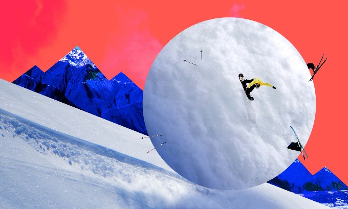 A giant snowball rolling down a snowy cliff with three skiers wrapped up in it and mountains in the background.