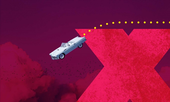 Graphic of a classic car careening off the edge of a cliff formed by the letter X into dark pink clouds.