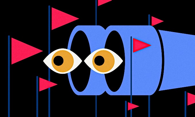 Graphic of eyes looking through a pair of binoculars. Around the binoculars are red flags the pair of eyes are looking at but missing.