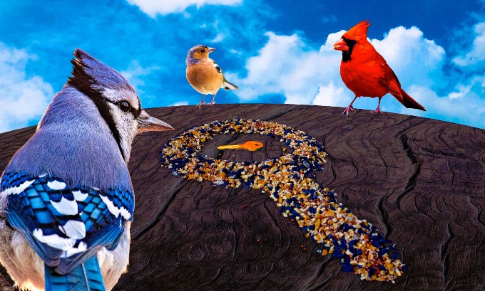 Graphic of three birds eating and looking at a search icon (in the shape of a magnifying glass) made of bird seeds. In the search icon is a house key.