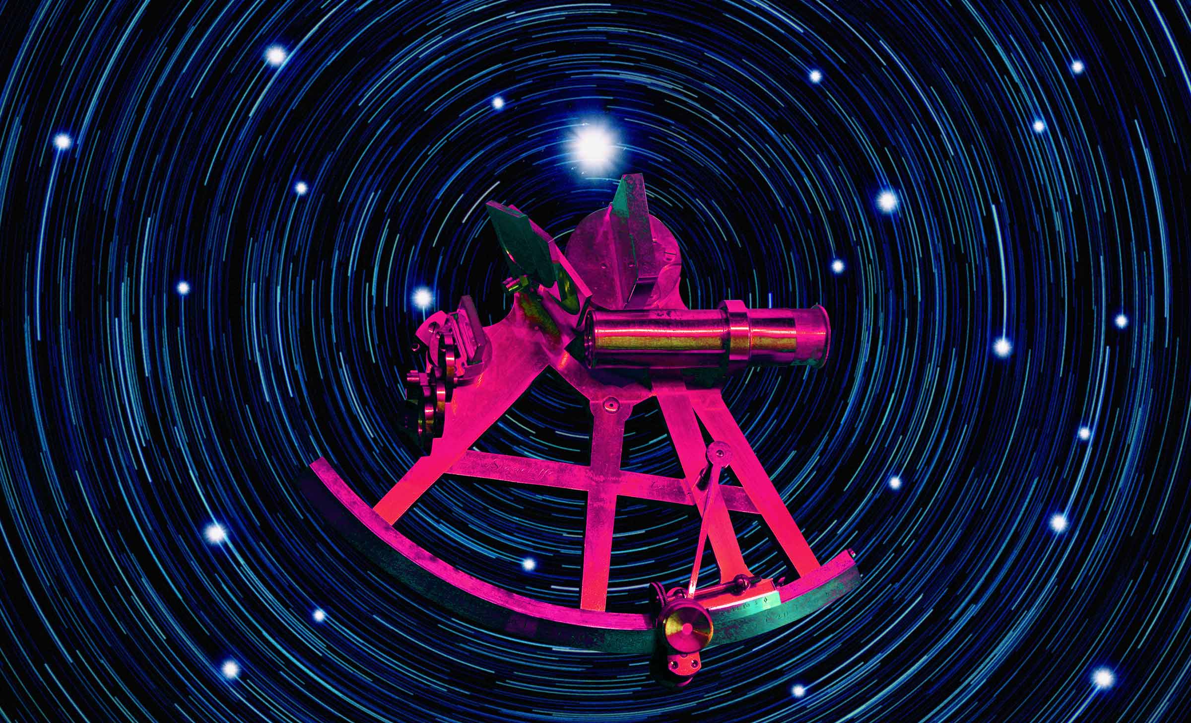 A black hole, like one you would find in space, with a pink sextant overlaid on top.