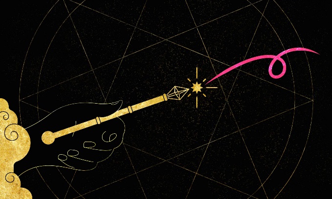 Graphic of a sigil underneath a hand that’s holding a magic wand with a spark and pink line emitting from the end.